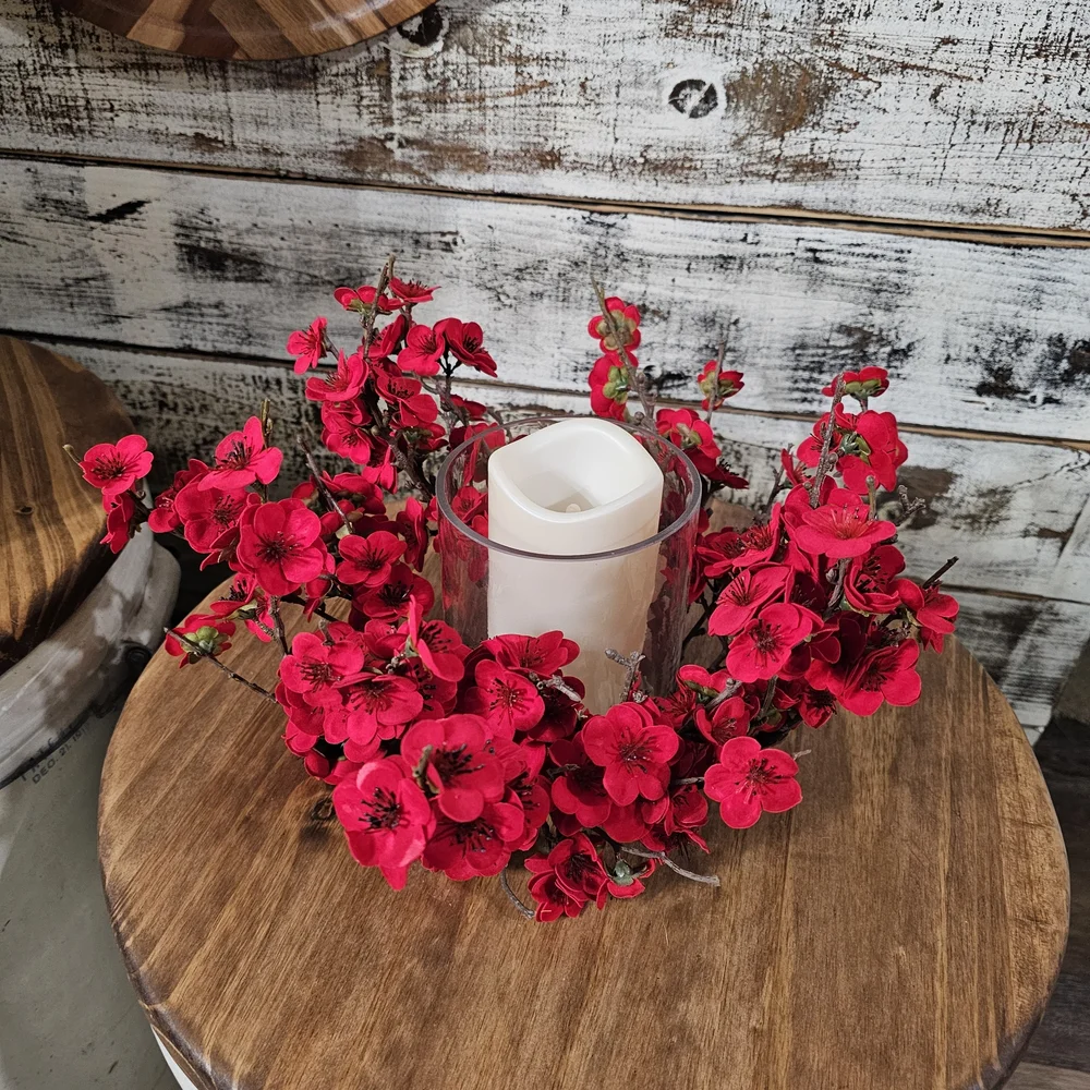 Red Cherry Blossom Floral Candle Ring Accent